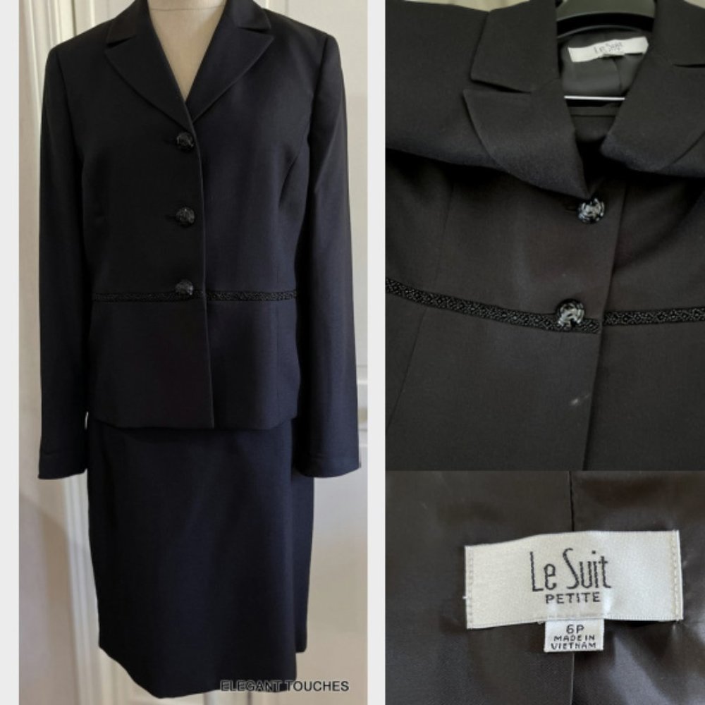 Le Suit Petite Womens Jacket Skirt Suit 6P Black Beaded Accent 2pc Set